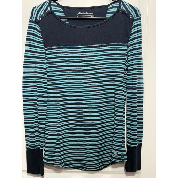 Y2K Eddie Bauer Striped Teal Thermal Long Sleeve Shirt Medium Outdoors Snaps M - Picture 1 of 10